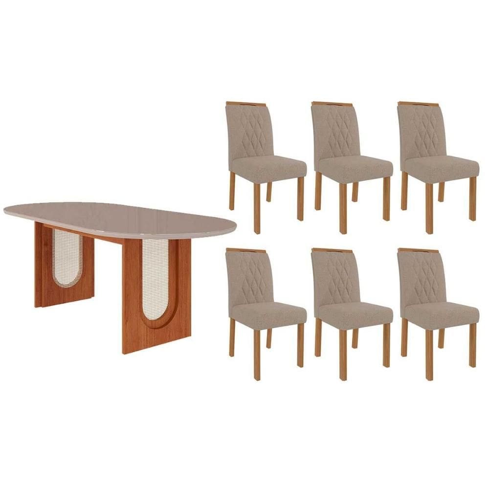 Conjunto: Mesa de Cozinha Valentina Oval 210cm + 6 Cadeiras Juliana Cinamomo/Off White - Carvalho/Linho Bege - Cimol