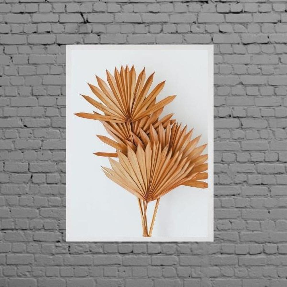 Quadro Folhas Leque Secas Marrom Moldura Branca 33X24Cm