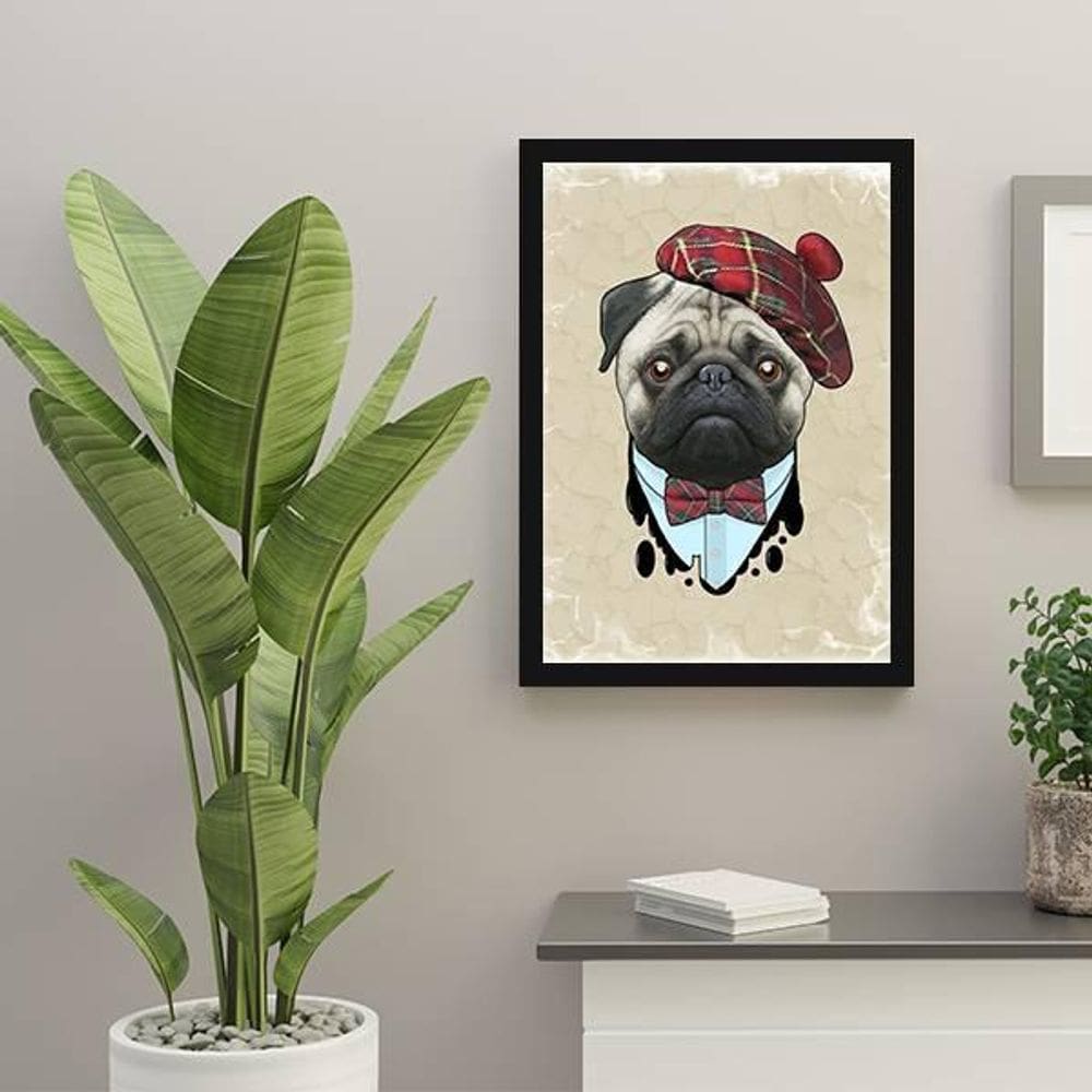 Quadro Pug Boina 24X18Cm - Com Vidro - Madeira Preta