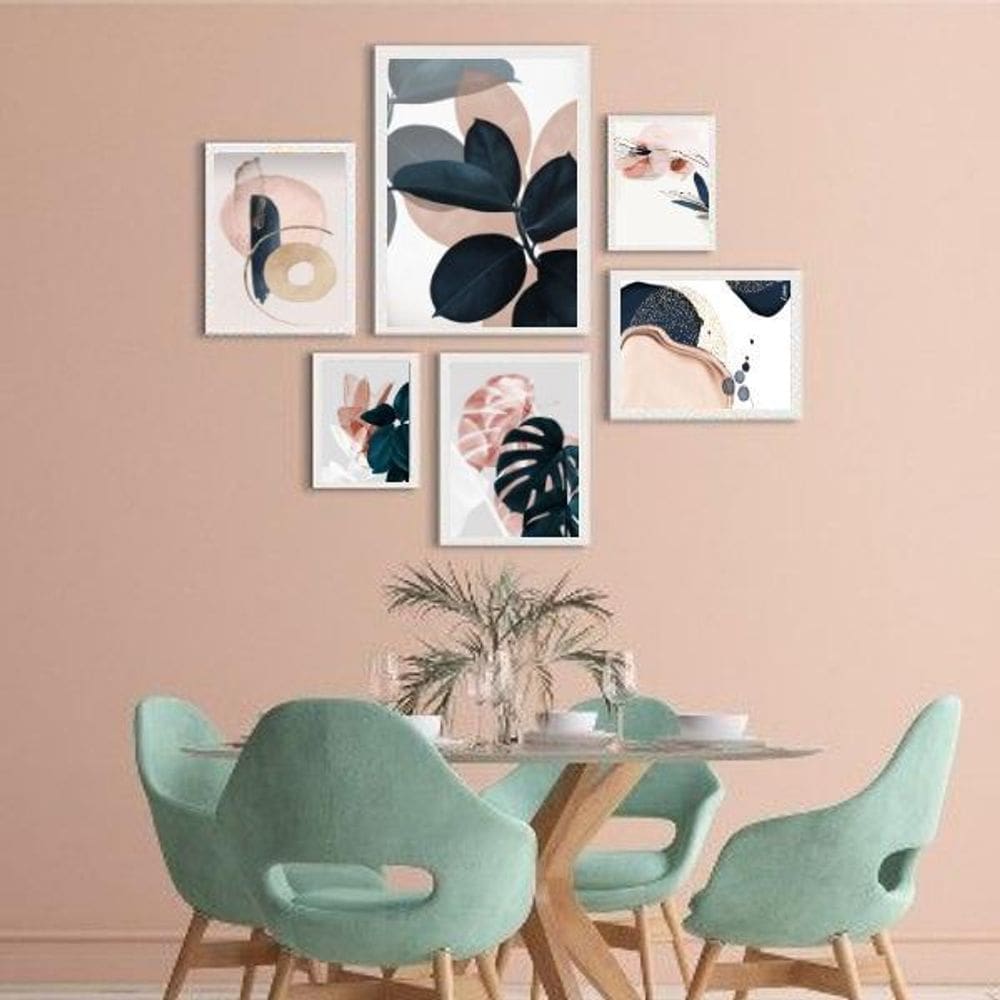 Kit 6 Quadros Decorativos Azuis e Rosa - Medidas Variadas