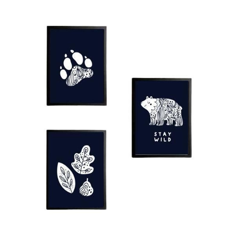 Kit 3 Quadros Urso Escandinavo Stay Wild 33X24 C/Vidro Preta
