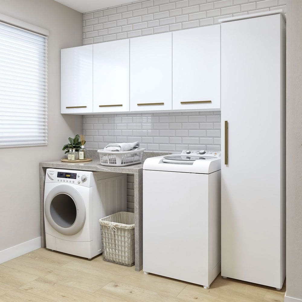 Lavanderia Modulada Guarulhos 1 Armario Multiuso e 2 Armarios Aereos Branco Kaiki Moveis