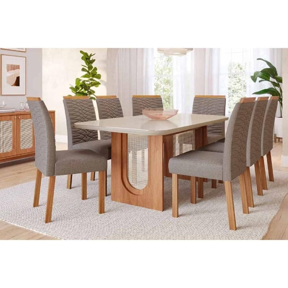 Conjunto: Mesa Sala Jantar Valentina Curvo 210cm + 8 Cadeiras Clarice Cinamomo/Off White - Carvalho/Linho Bege Cimol