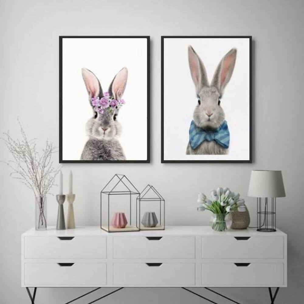 Kit 2 Quadros Casal De Coelhos 24X18 Com Vidro Madeira Preta