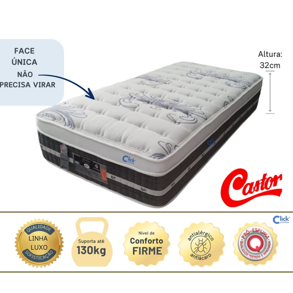 Colchão Castor Solteiro 88x188x32 cm Tecnopedic One Face – Alto Padrão, Suporte até 130 kg
