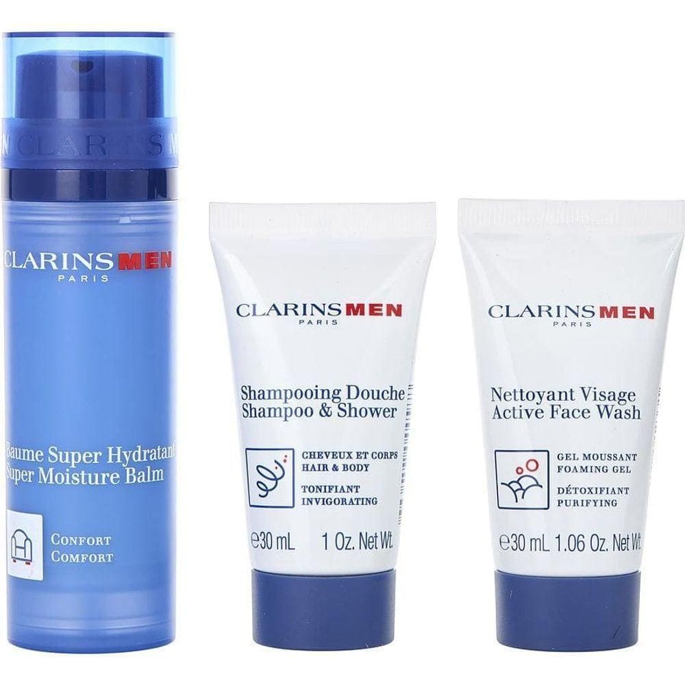 Shampoo Masculino Clarins Bálsamo Super Hidratante 50ml+active Fash Wash 30ml+shampoo 30ml--3pcs