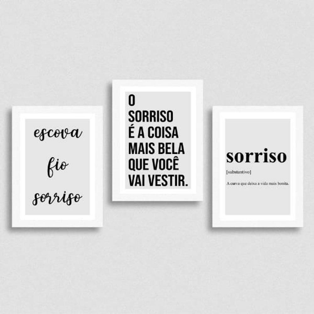 Kit 3 Quadros Sorriso É Coisa Mais Bela 24X18 Moldura Branca