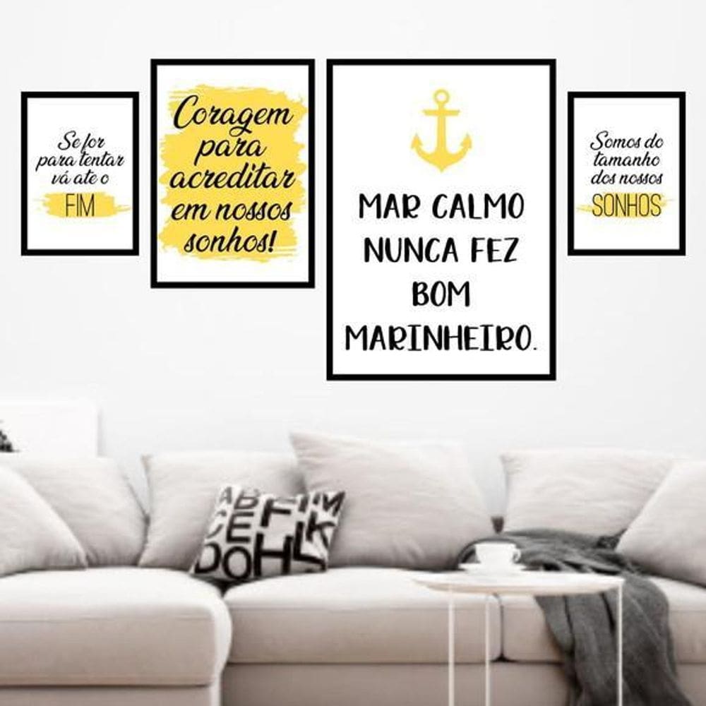 Kit 4 Quadros Mar Calmo-Amarelo 33X24 C/Vidro Madeira Preta