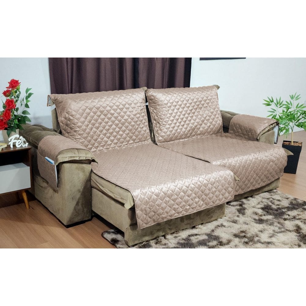 Kit Sala Bege 1 Capa Sofá Retrátil + Cortina + 1 Tapete