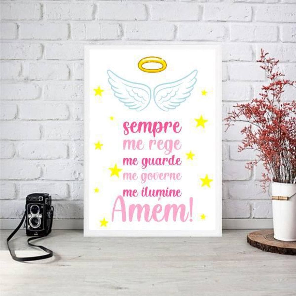 Quadro Oração - Anjo Da Guarda Rosa 34X23Cm - Moldura Branca