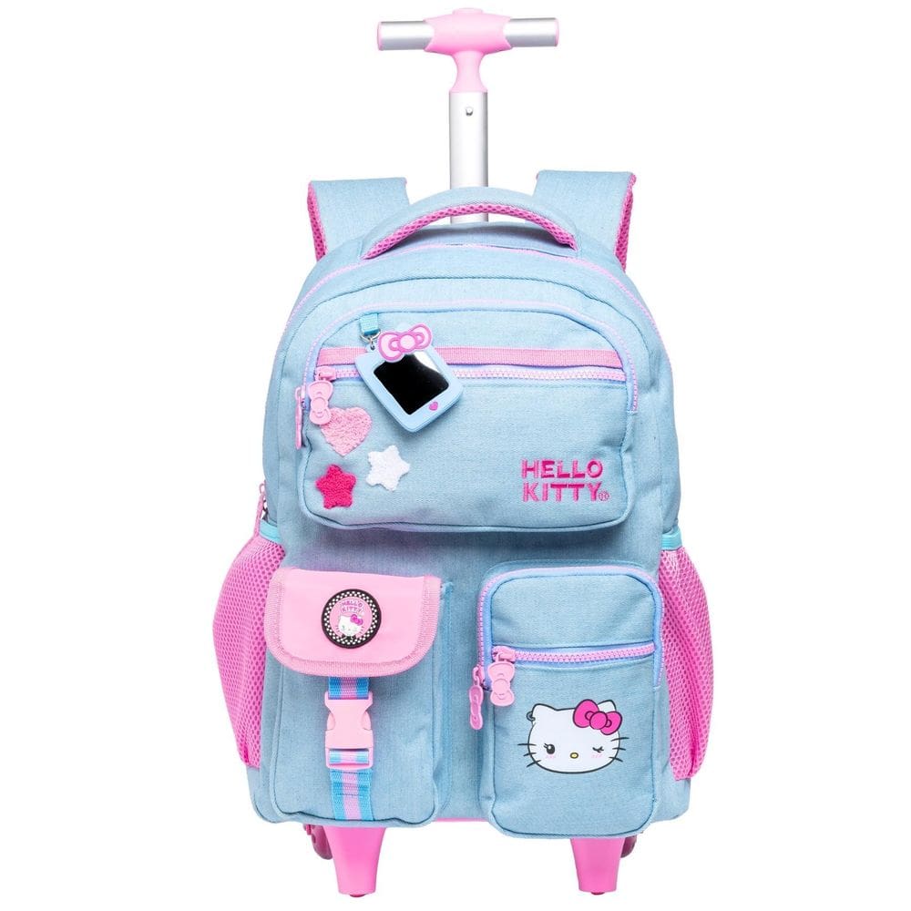 Mochila Escolar Luxo Hello Kitty Jeans Rodas E Costas 15980