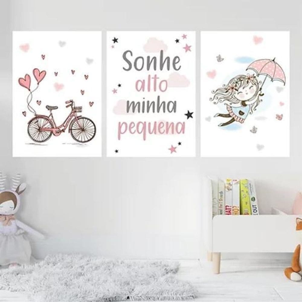 Kit 3 Quadros Quarto Infantil Menina 33X24Cm Madeira Branca