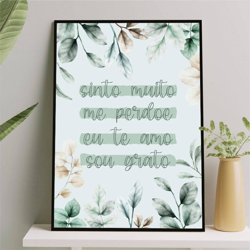 Quadro Sinto Muito Me Perdoe- Folhas 33X24CmVidro Preta