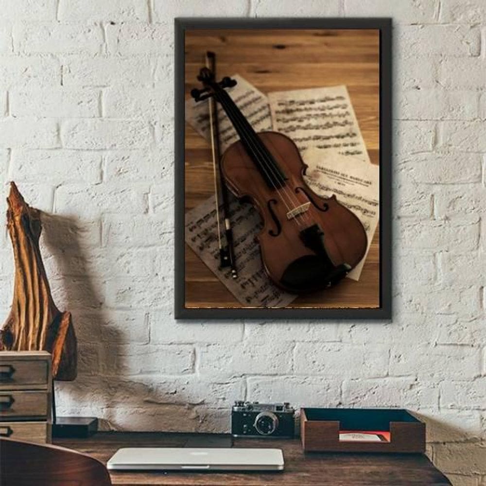 Quadro Decorativo Fotografia Violino 34X23Cm Moldura Branca