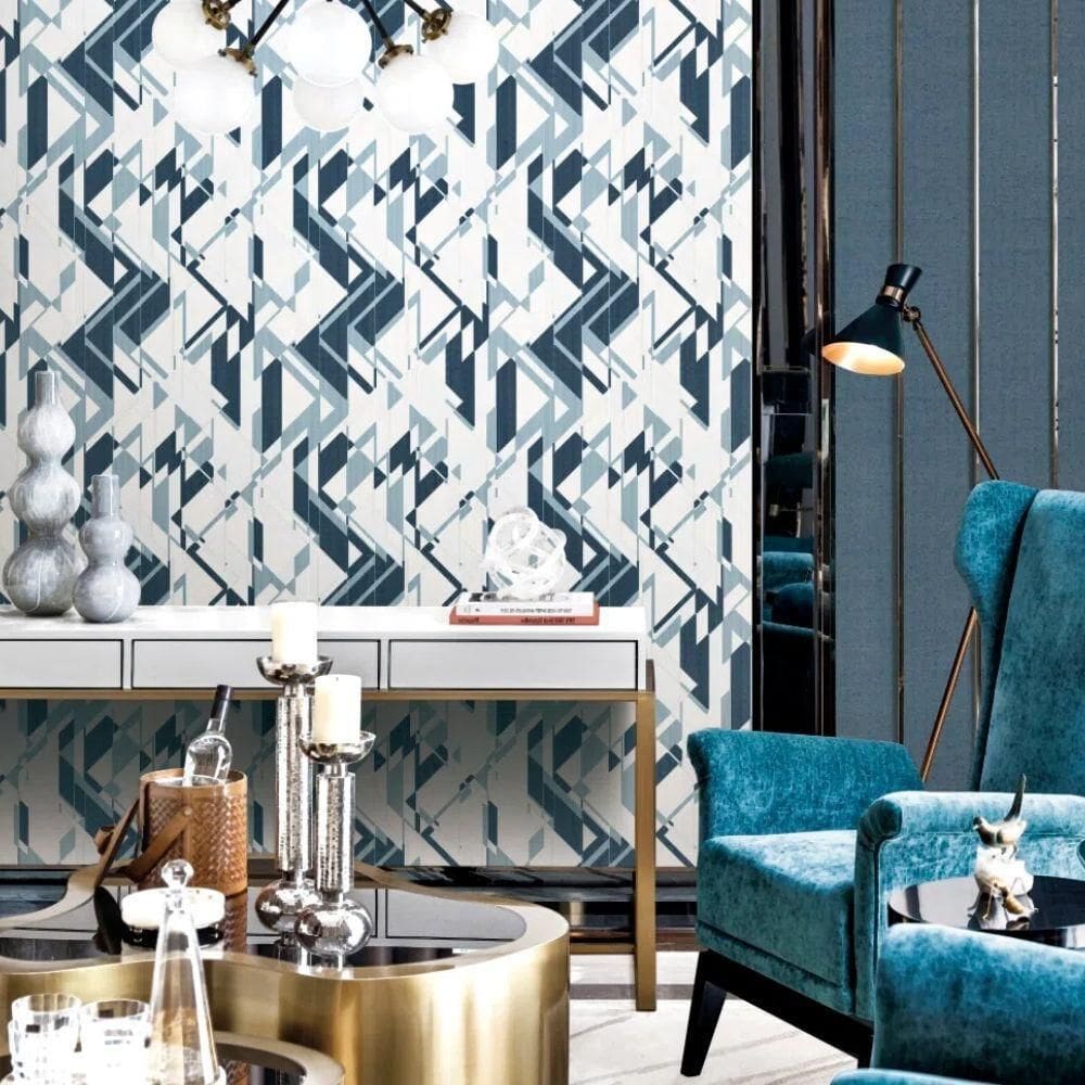 Papel De Parede Geométrico Azul E Branco Ess1001