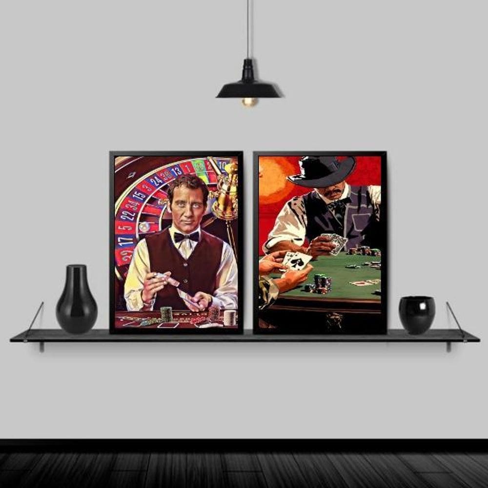 Kit 2 Quadros Decorativos Poker Night 45X34Cm Vidro Preta