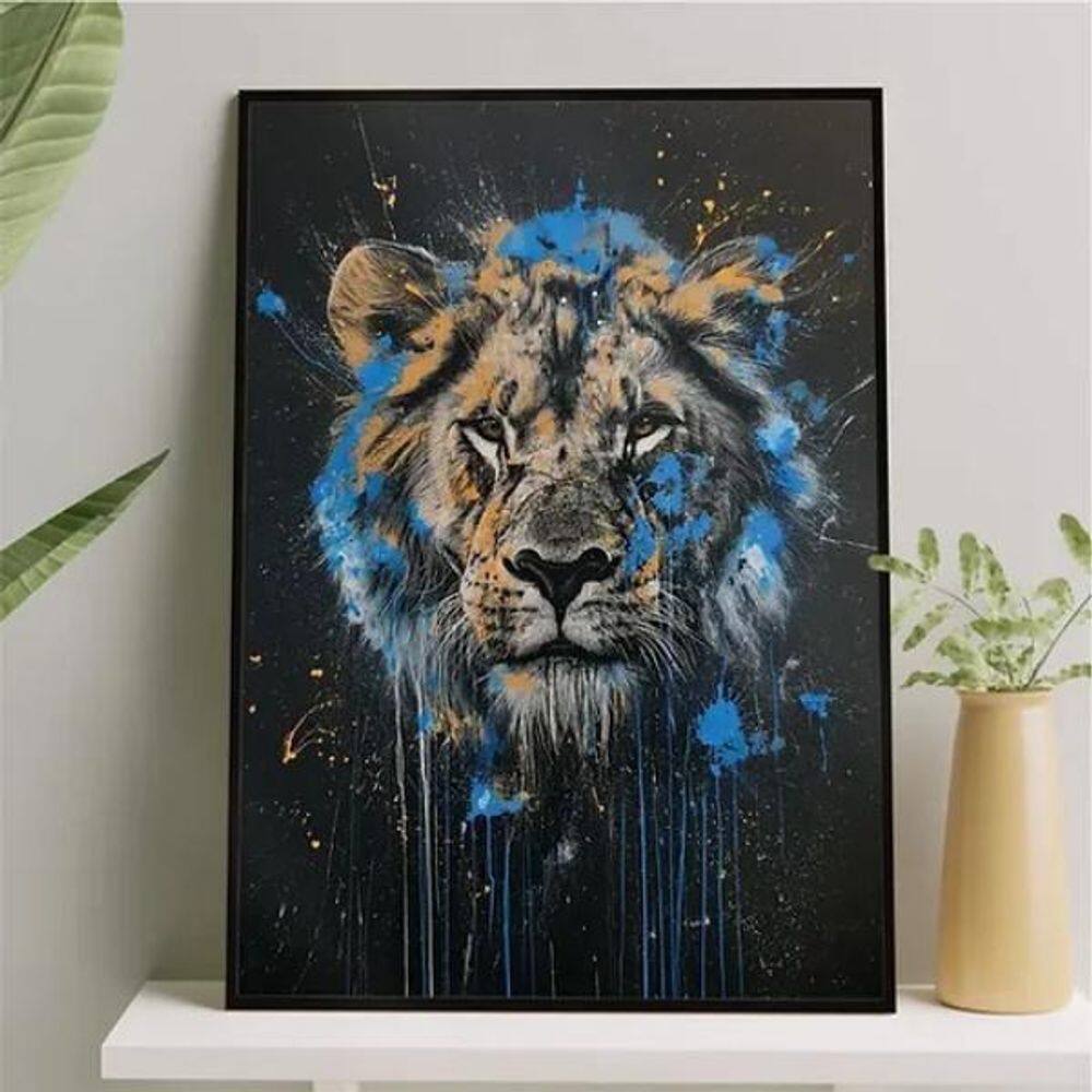 Quadro Leão Tinta Azul 24X18Cm