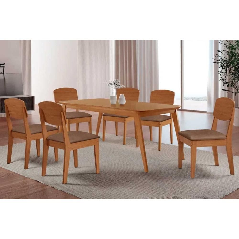 Conjunto: Mesa Sala Jantar Havana Curvo 180cm + 6 Cadeiras Havana Naturale - Corano Capuccino - Rufato