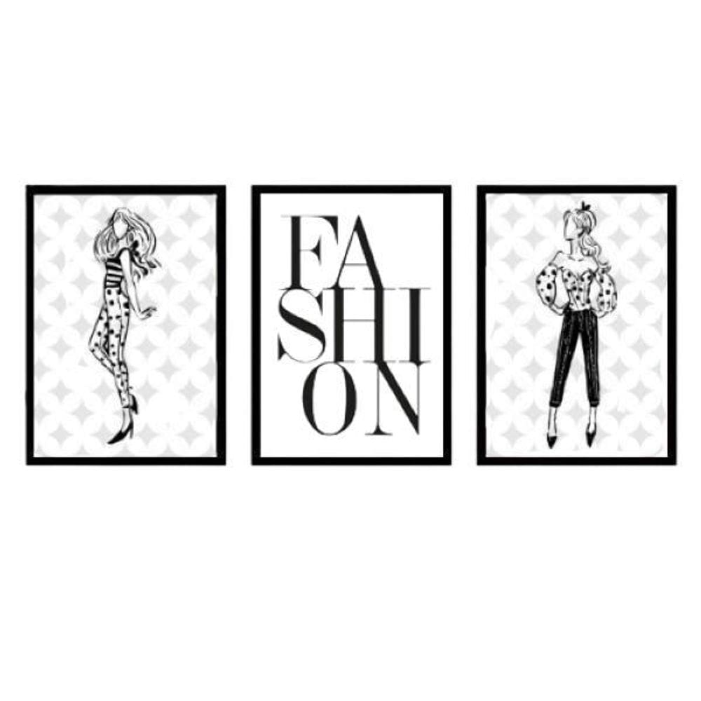 Kit 3 Quadros Moda Feminina Fashion 33X24Cm - Madeira Preta