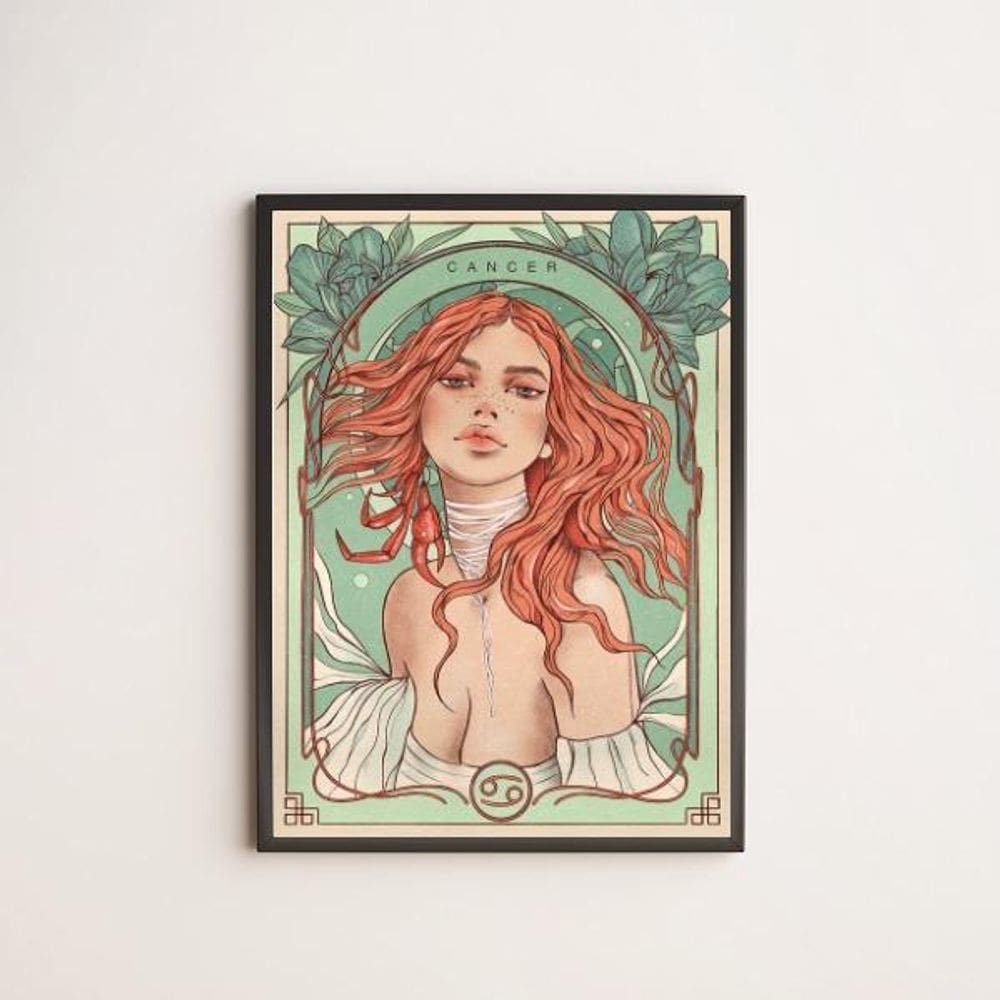 Quadro Vintage Signo Cancer 45X34Cm Com Vidro Moldura Preta