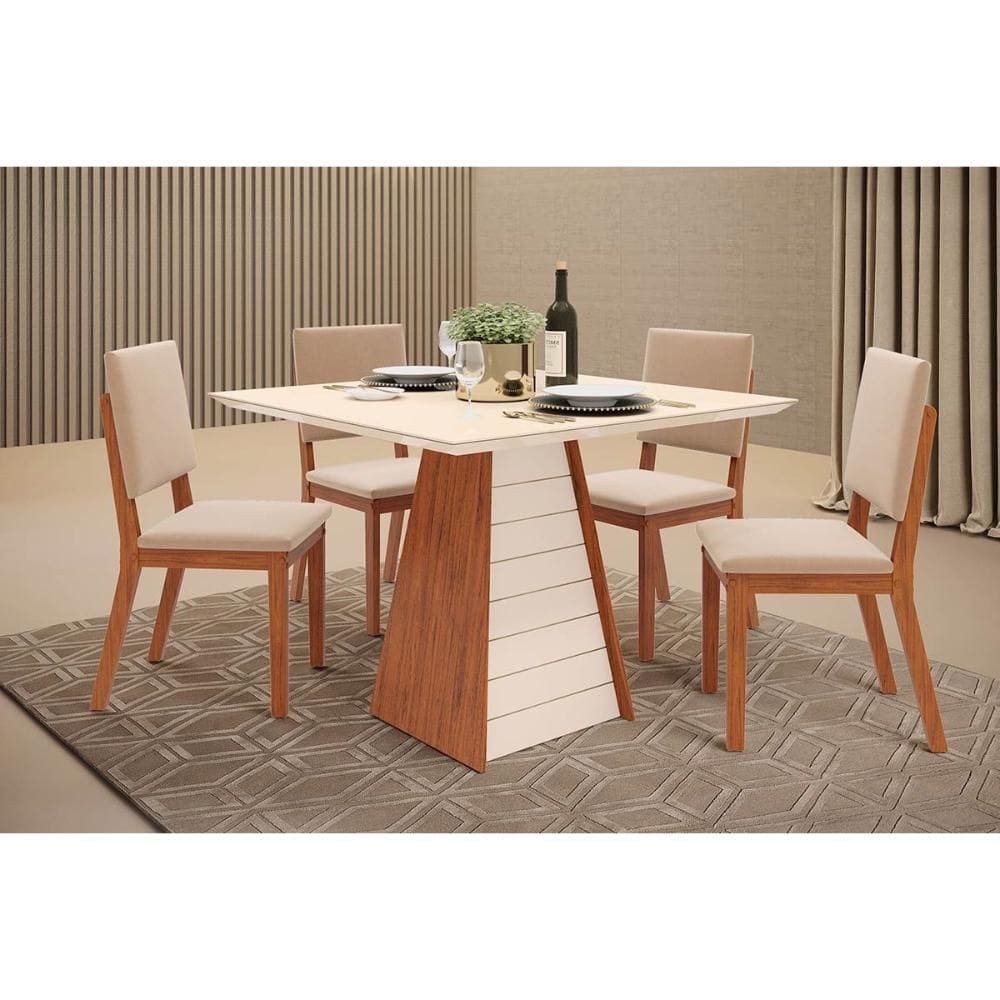 Conjunto: Mesa de Cozinha Fler c/ Tampo Madeirado c/ Vidro 90x90cm e 4 Cadeiras Talia Freijo/Off White - Suede Creme - DJ Móveis