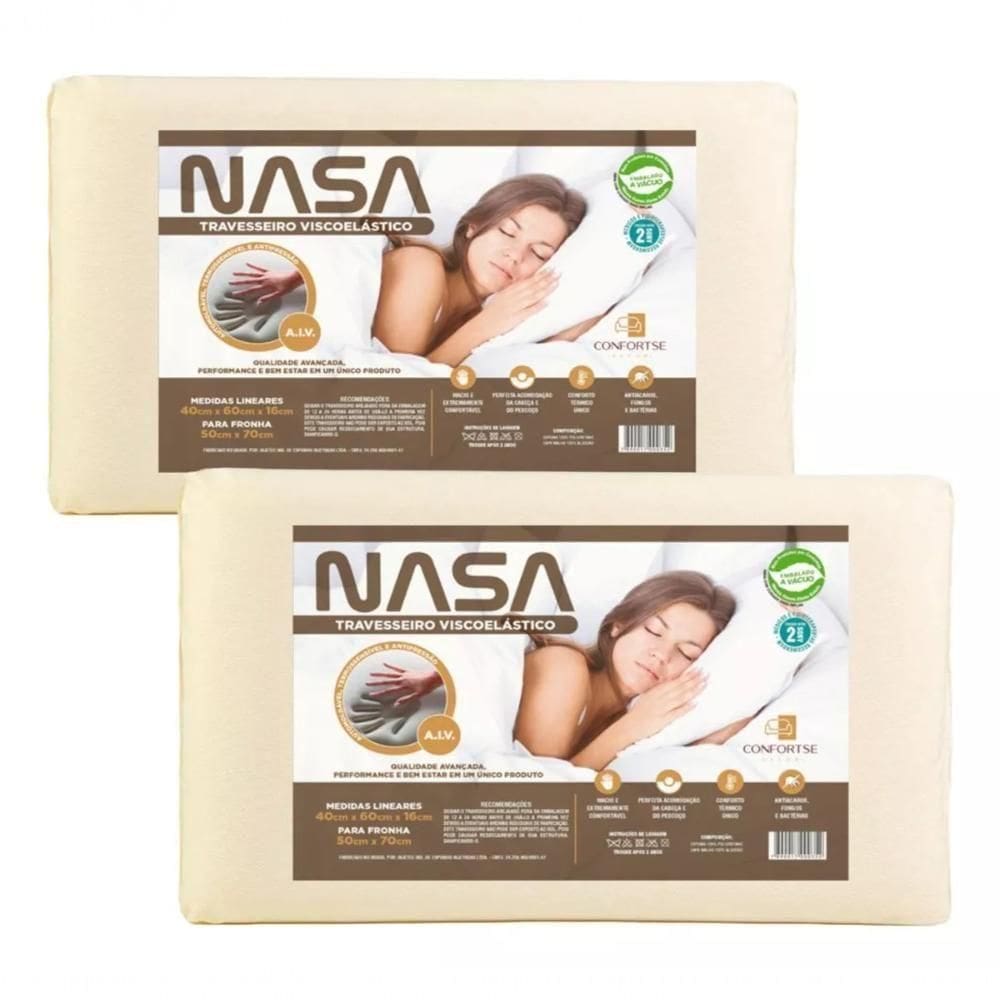 Kit 2 Travesseiros Nasa Viscoelástico Alto 60x40 Cm
