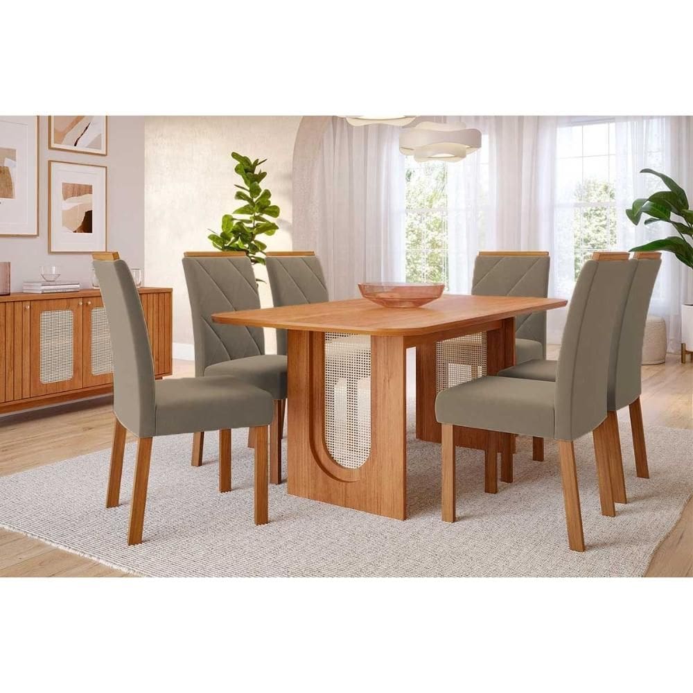 Conjunto: Mesa Sala Jantar Valentina Tampo Madeirado 180x90cm e 6 Cadeiras Fernanda Cinamomo - Carvalho/Suede Joli Capuccino Cimol