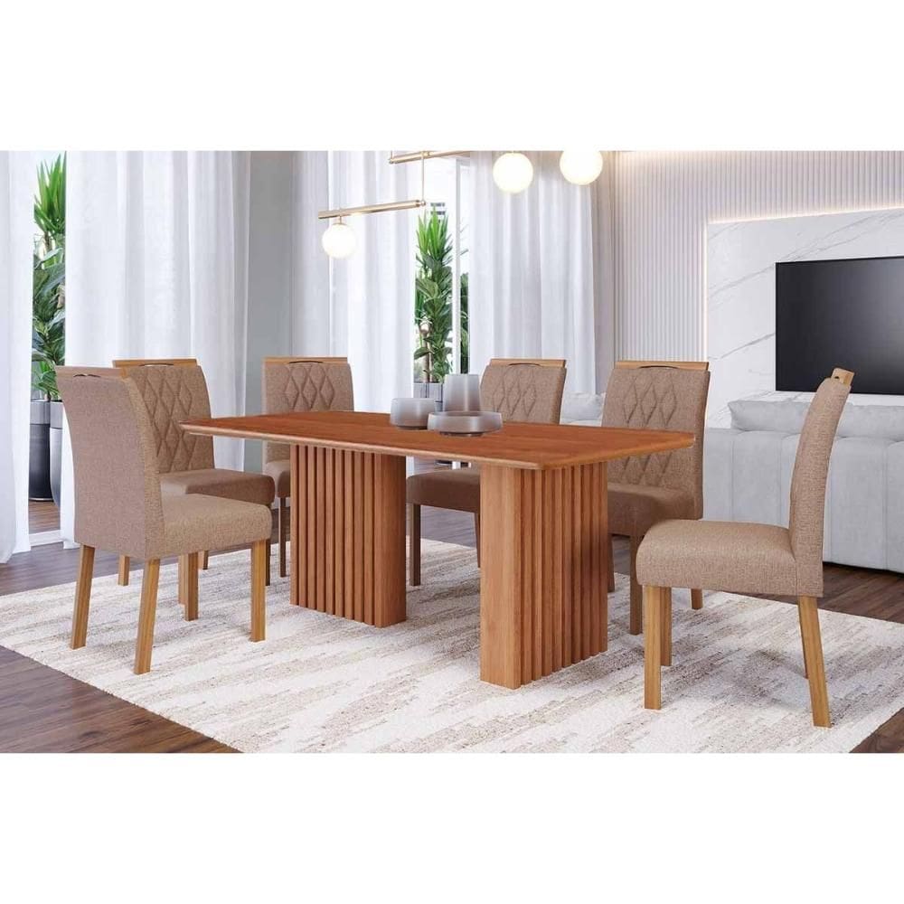 Conjunto: Mesa de Cozinha Ester Tampo Madeirado 180x90cm e 6 Cadeiras Juliana Cinamomo - Carvalho/Linho Bege - Cimol