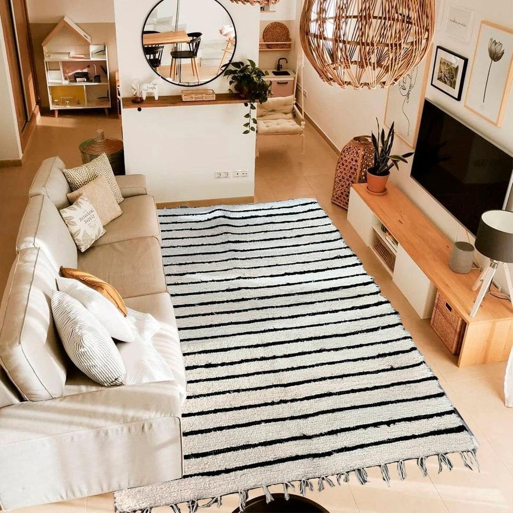 Tapete Para Sala Felpudo Listra Fina Preto Boho 2,00X1,00