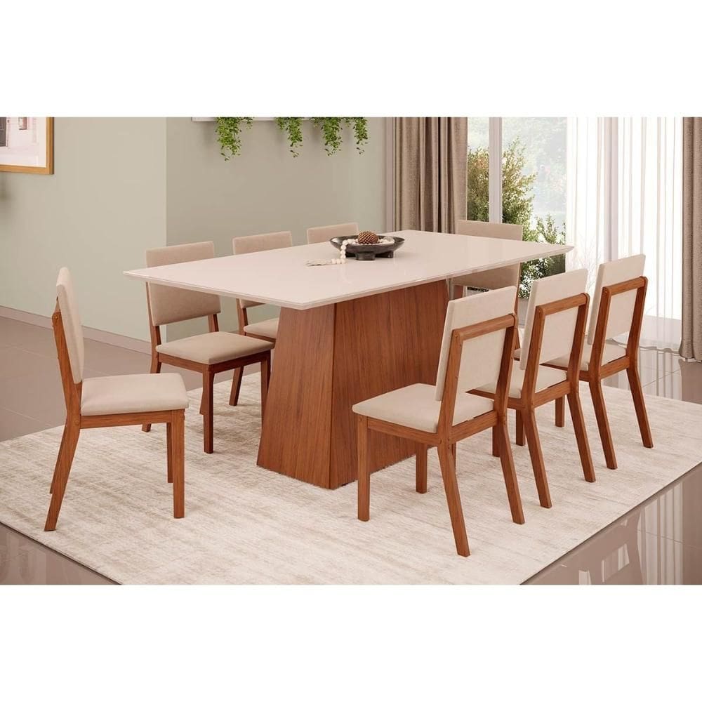 Conjunto: Mesa Sala Jantar Dulce c/ Tampo Madeirado c/ Vidro Reto 180x90cm e 8 Cadeiras Talia Freijo/Off White - Suede Creme - DJ Móveis