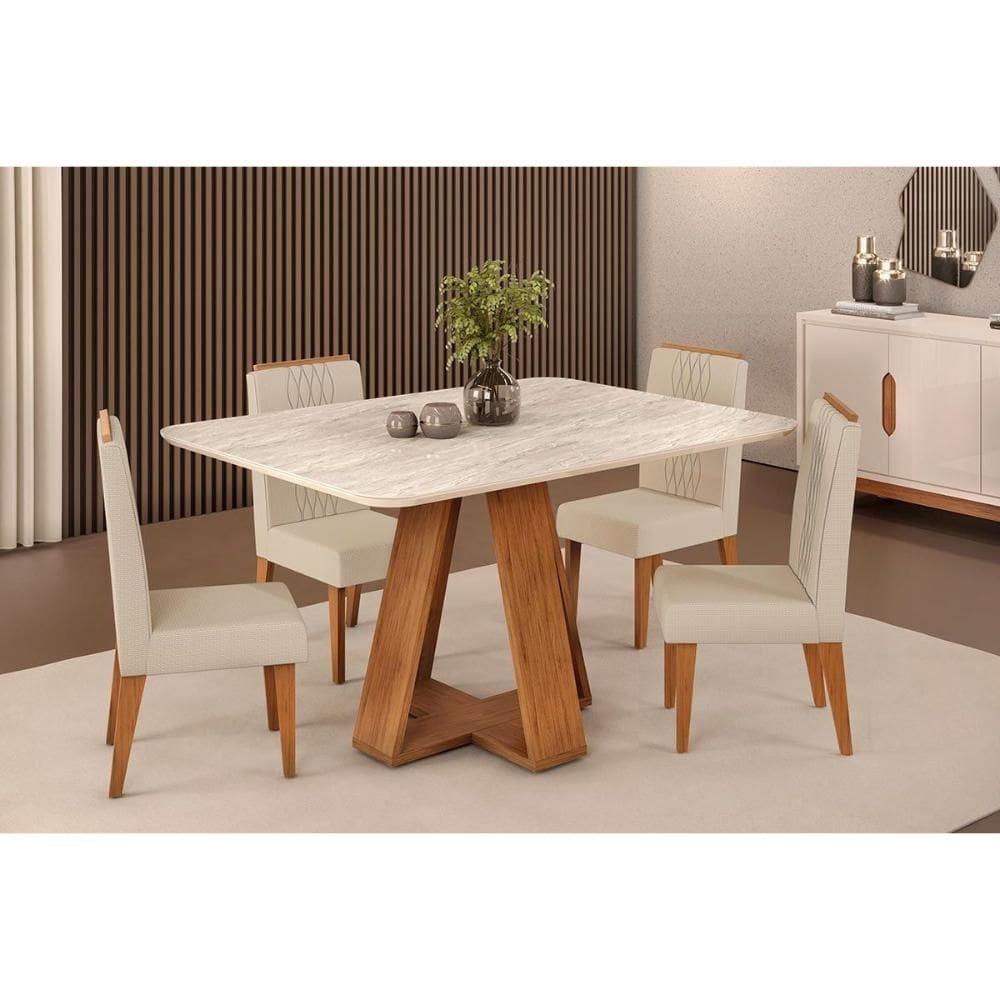 Conjunto: Mesa de Cozinha Celeste c/ Tampo Madeirado Curvo 120x90cm e 4 Cadeiras Lia Freijo/Quartzo - Linho Neve - DJ Móveis