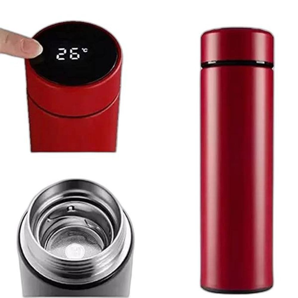 Garrafa Térmica Squeeze Medidor Temperatura 500Ml Inox Verm