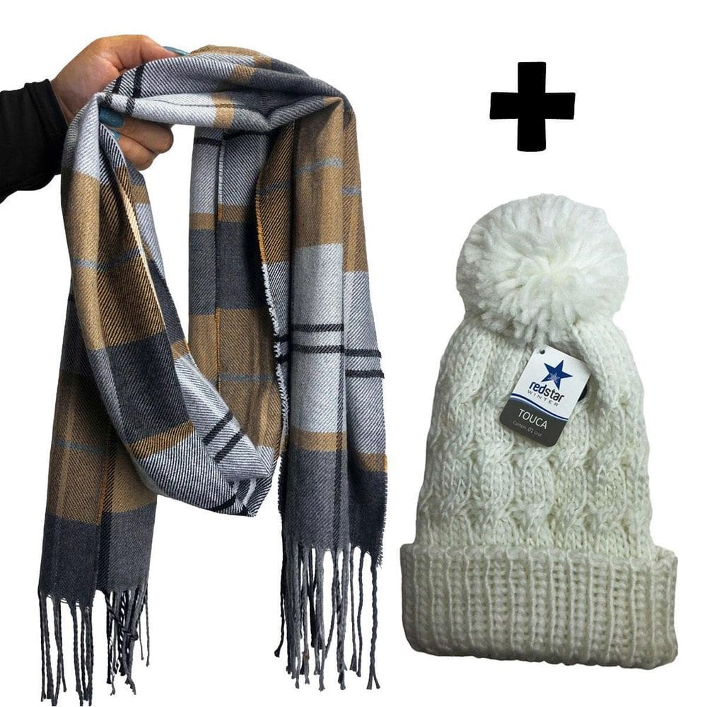Cachecol Xadrez Feminino Blogueirinha Touca Pompom Quentinha