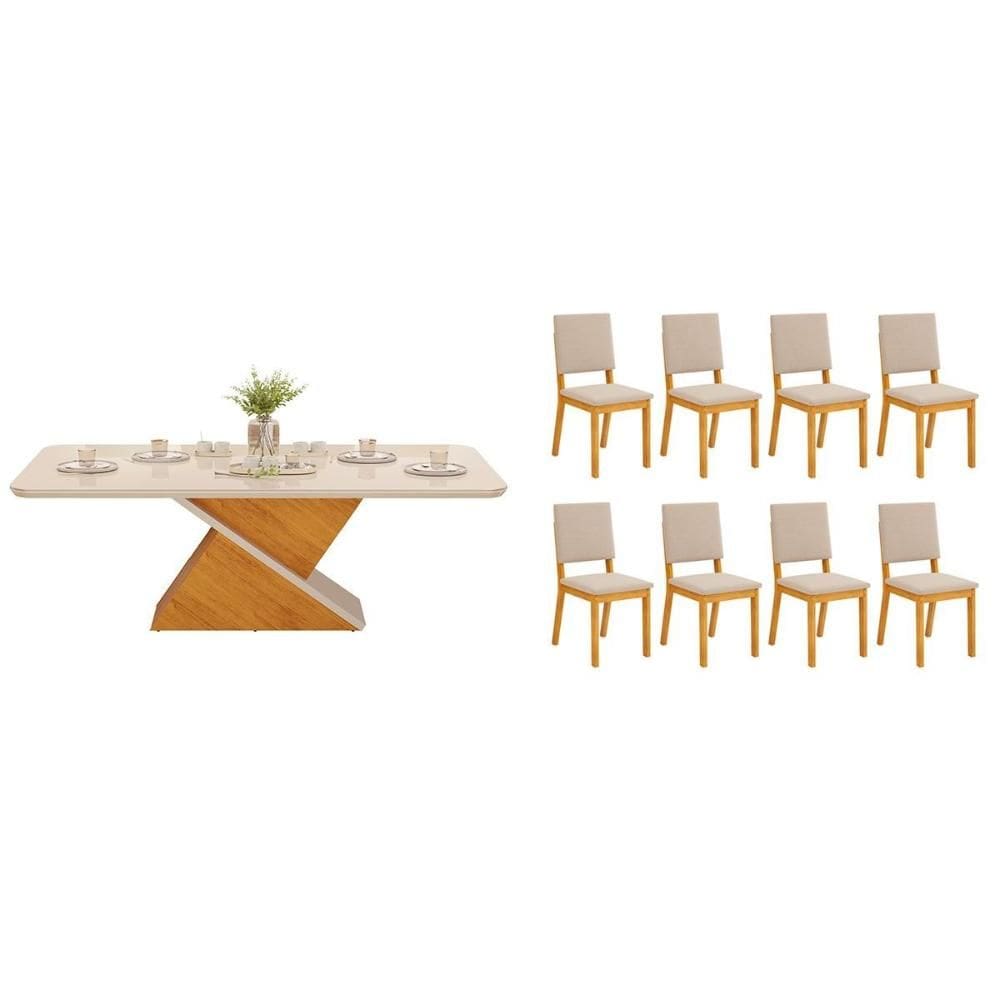 Conjunto: Mesa Sala Jantar Zafira c/ Tampo Madeirado c/ Vidro Curvo 200x100cm e 8 Cadeiras Talia Cedro/Off White - Suede Creme - DJ Móveis