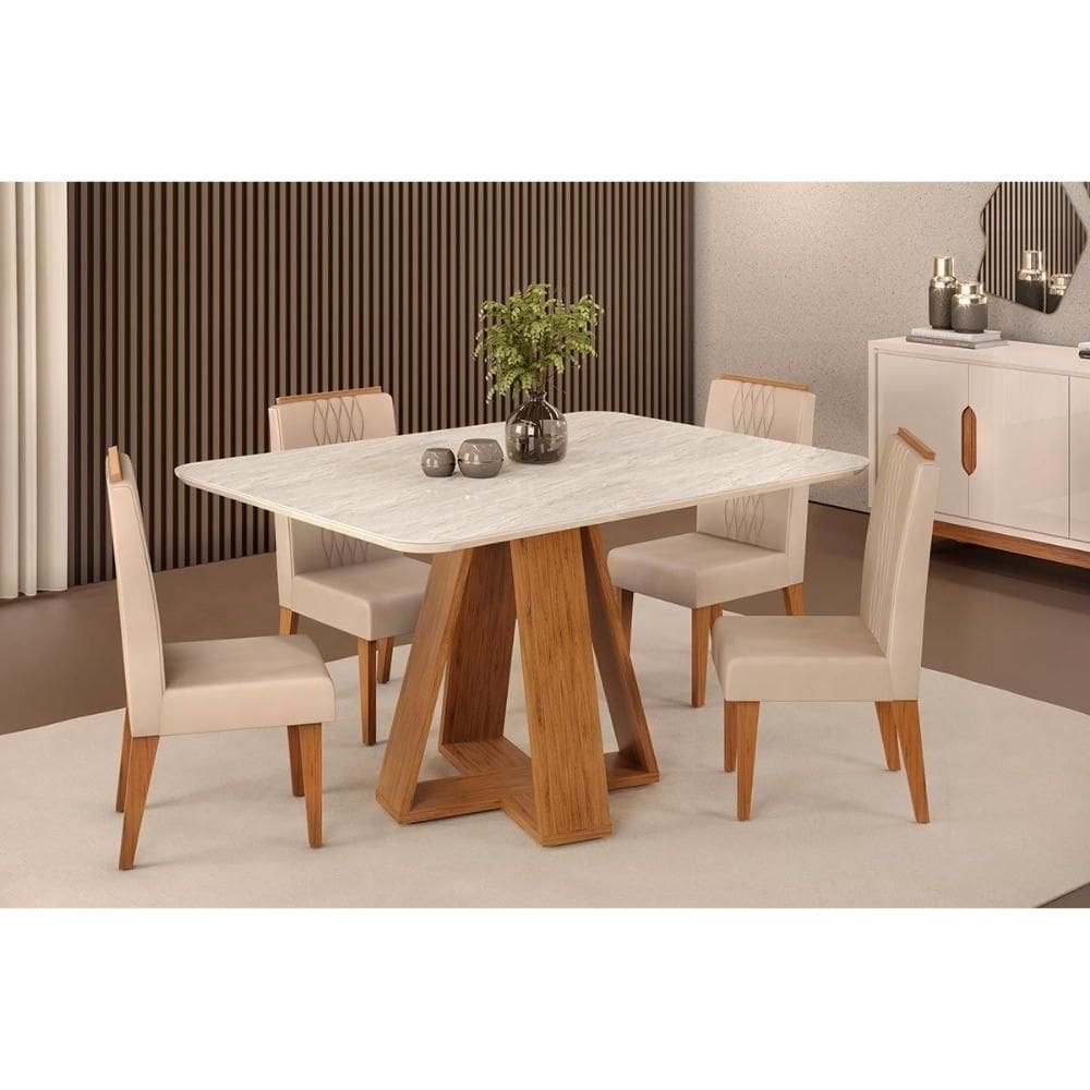 Conjunto: Mesa de Cozinha Celeste c/ Tampo Madeirado Curvo 120x90cm e 4 Cadeiras Lia Freijo/Quartzo - Suede Kraft - DJ Móveis