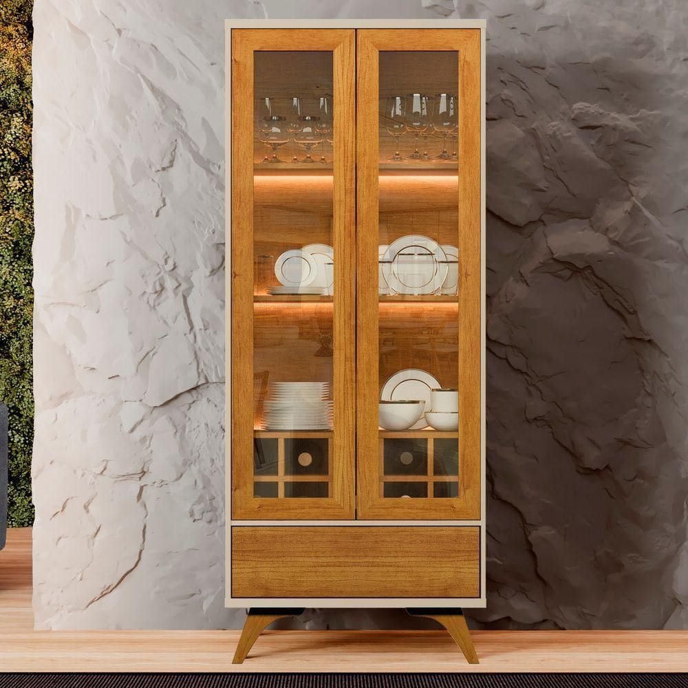 Cristaleira Adega Reflecta 2 Portas De Vidro C- Led - Mavaular Off White-naturalle