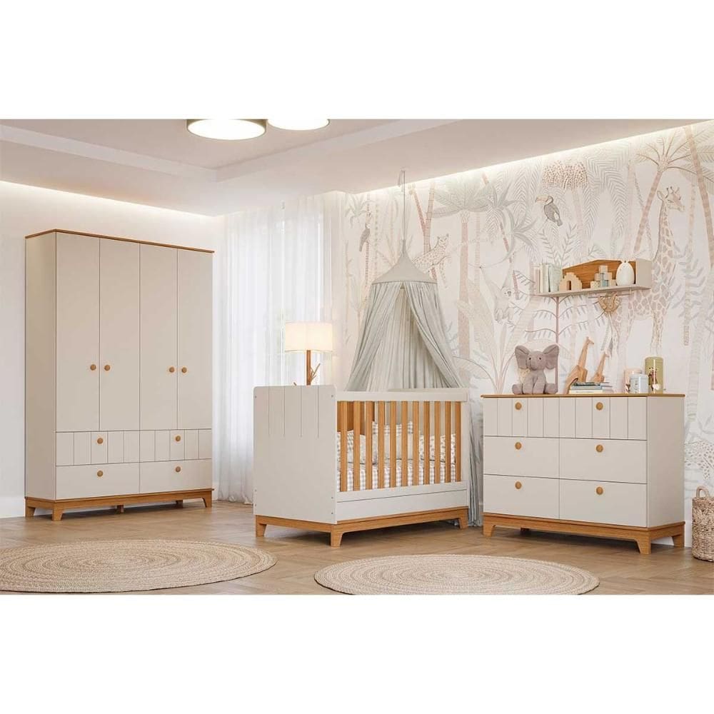 Quarto de Bebê Completo Biscoito 3 Peças (Guarda Roupa+Berço+Cômoda) QI106 Off White/Nature - Permóbili Baby