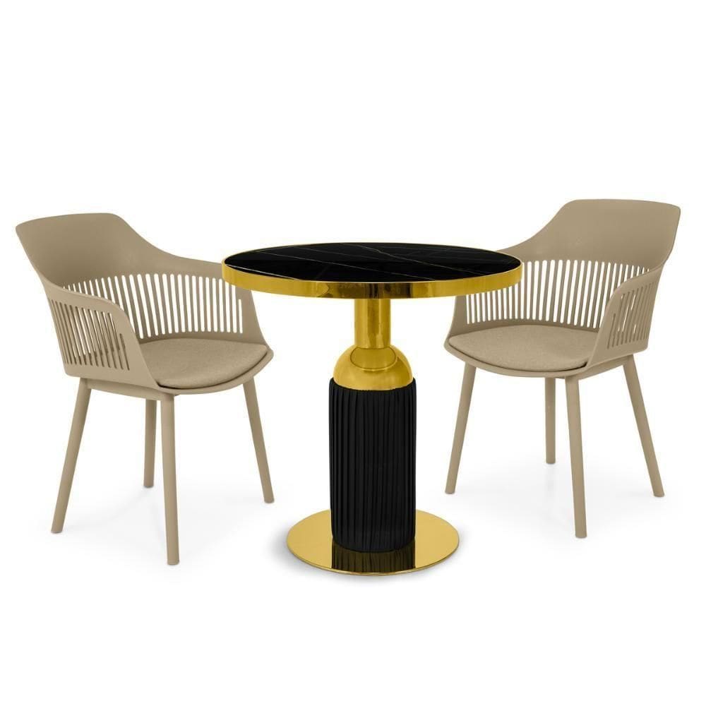 Conjunto Mesa De Jantar Redonda Imperial 70cm Preta Com 2 Cadeiras Estofadas Marcela - Nude Escuro