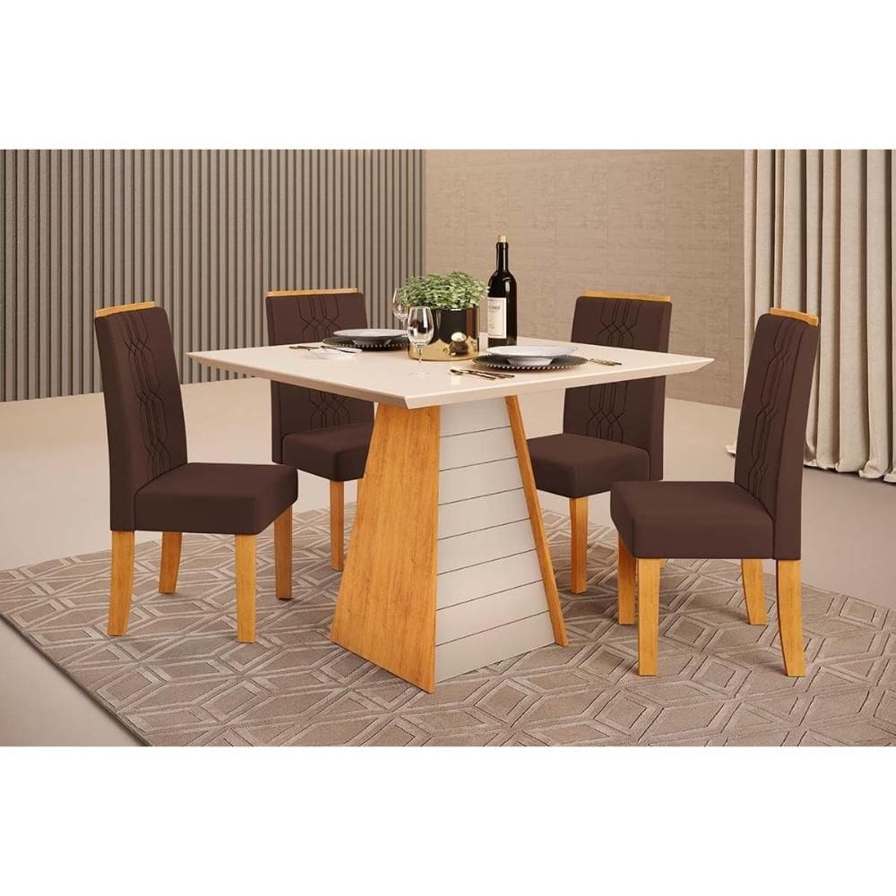 Conjunto: Mesa Sala Jantar Fler c/ Tampo Madeirado c/ Vidro 90x90cm e 4 Cadeiras Zoe Cedro/Off White - Suede Moca - DJ Móveis