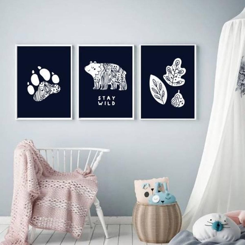 Kit 3 Quadros Urso Escandinavo Stay Wild 45X34 Vidro Branca