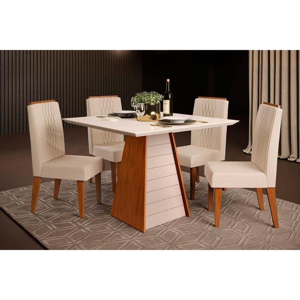 Conjunto: Mesa Sala Jantar Fler c/ Tampo Madeirado c/ Vidro 90x90cm e 4 Cadeiras Lia Freijo/Off White - Linho Neve - DJ Móveis