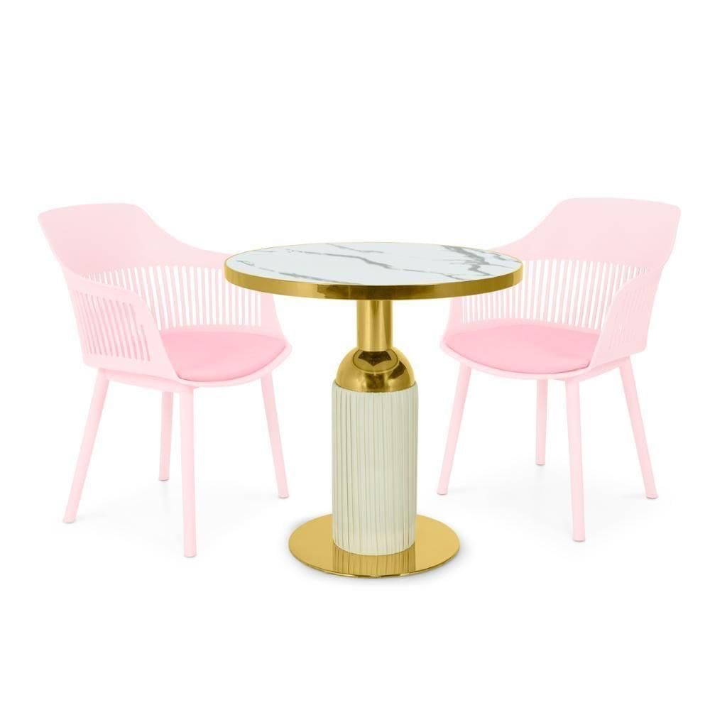 Conjunto Mesa De Jantar Redonda Imperial 70cm Branca Com 2 Cadeiras Estofadas Marcela - Rosa