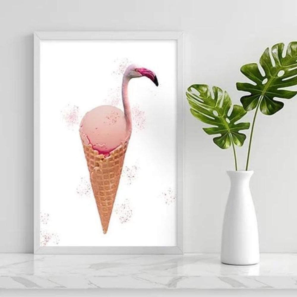 Quadro Decorativo Flamingo Sorvete 33X24Cm - Madeira Branca