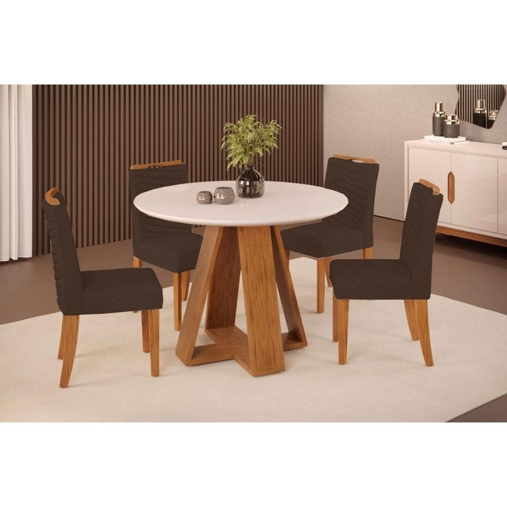 Cozinha Completa DJ Móveis Celeste c/ Tampo Madeirado c/ Vidro Redondo 103x103cm e 4 Cadeiras Lia Freijo/Off White - Suede Moca