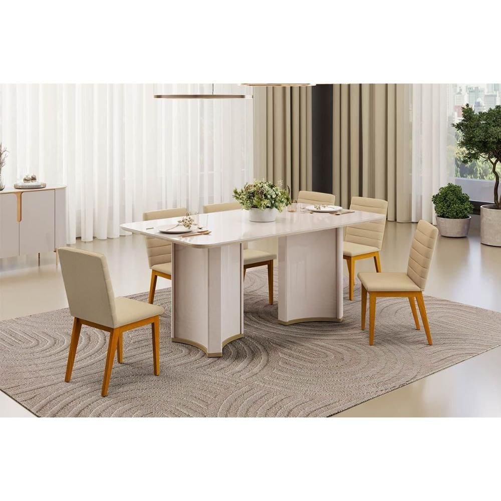 Conjunto: Mesa Sala Jantar Liz c/ Tampo Madeirado c/ Vidro Curvo 180x100cm e 6 Cadeiras Sofia Off White - Ipe/Linho Bege - DJ Móveis