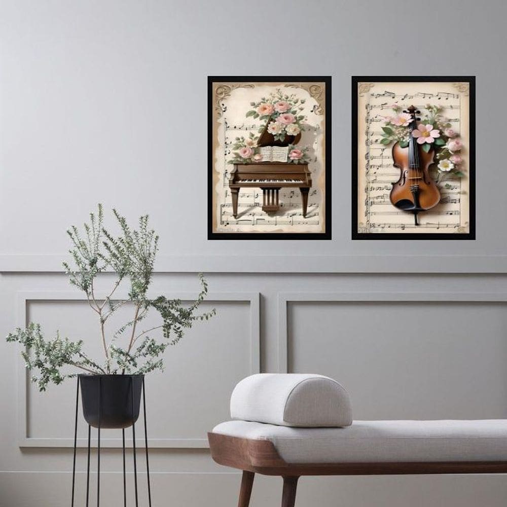 Kit 2 Quadros Vintage Piano E Violino - Flores 45X34Cm Vidro