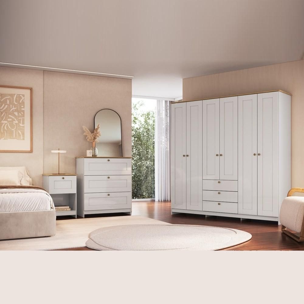 Conjunto Quarto Solteiro Completo 3 Peças 6 Portas 7 Gavetas Americano Cor Branco - Decibal Móveis