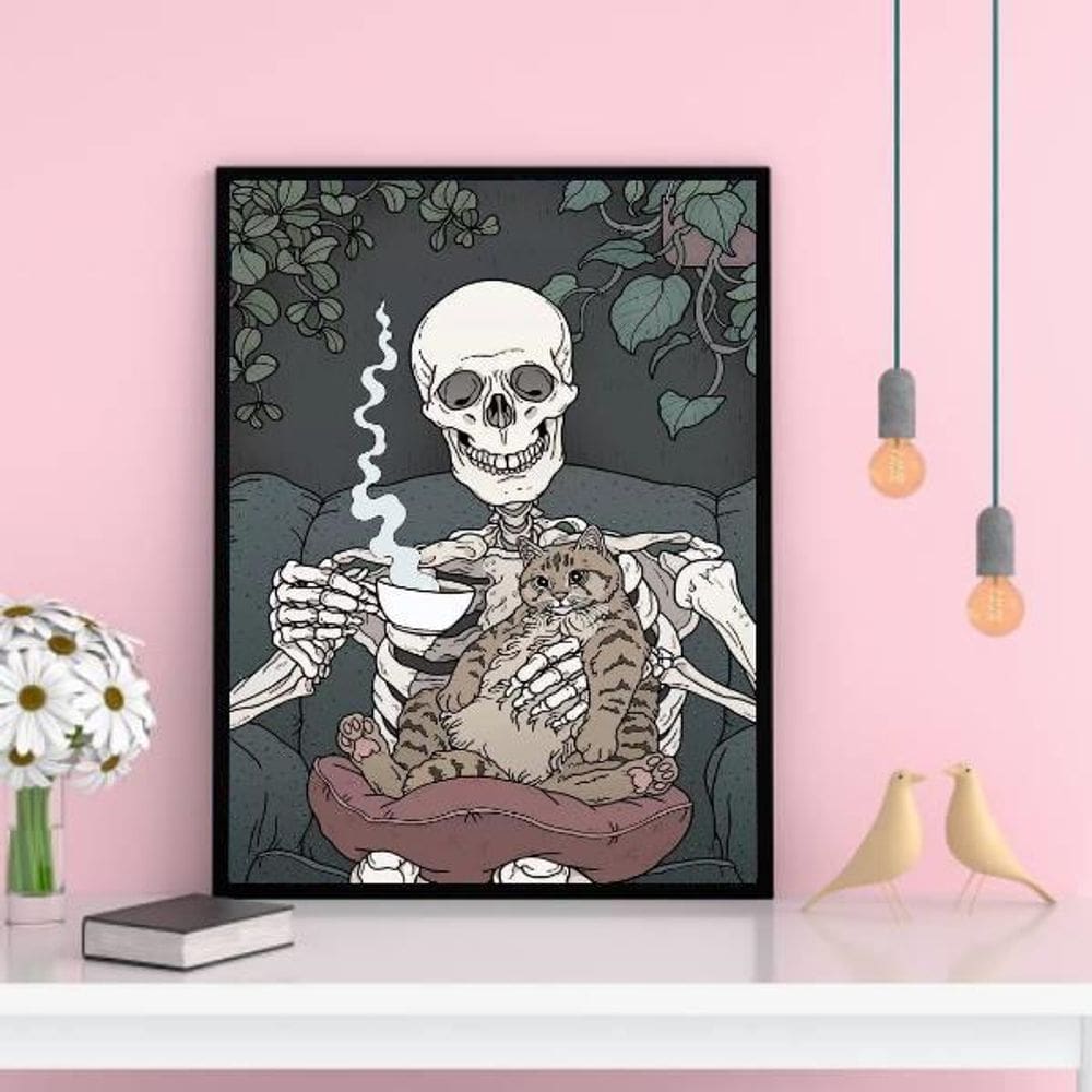 Quadro Caveira Gatinho Tomando Café 33X24Cm - Madeira Preta