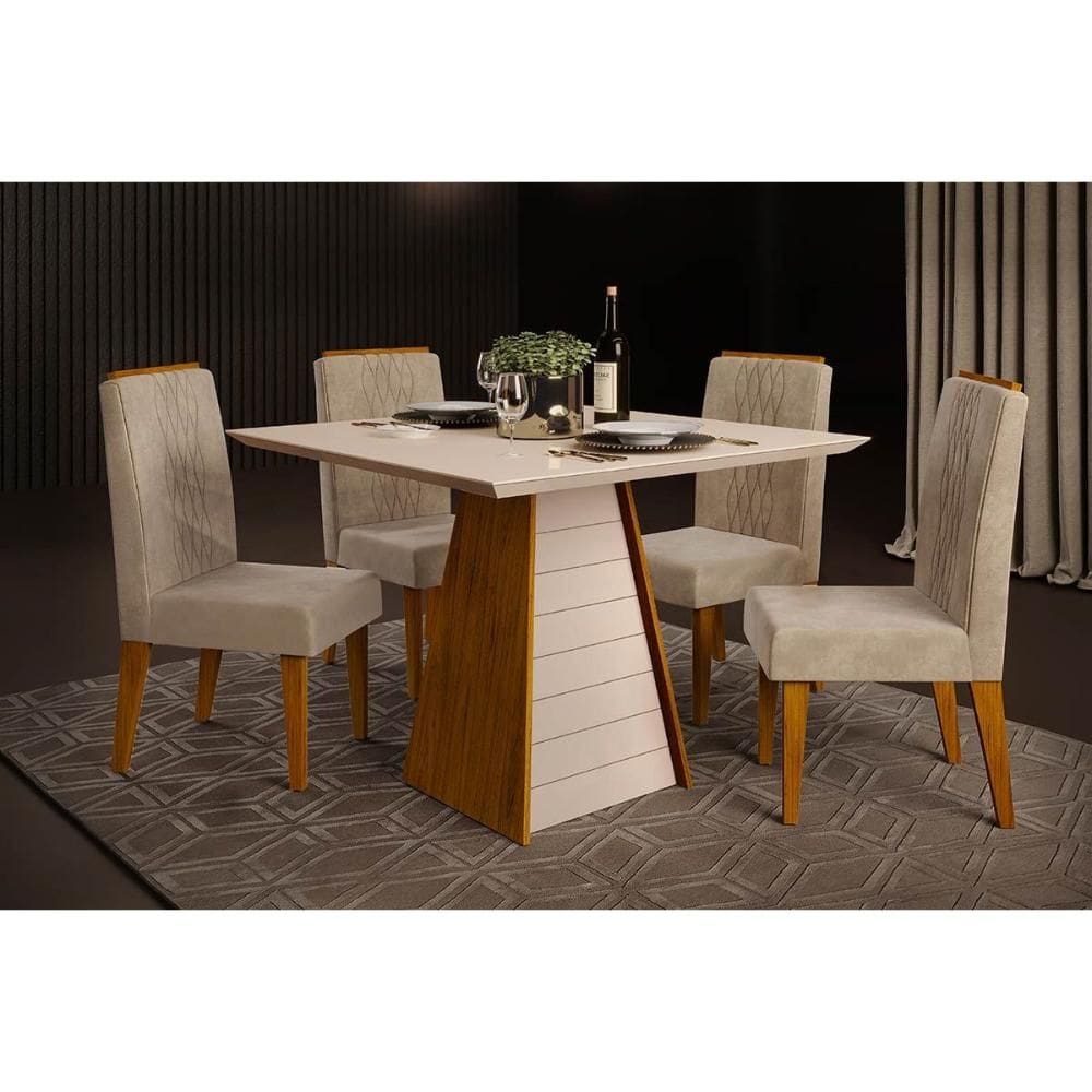 Conjunto: Mesa de Cozinha Fler c/ Tampo Madeirado c/ Vidro 90x90cm e 4 Cadeiras Lia Freijo/Off White - Suede Kraft - DJ Móveis