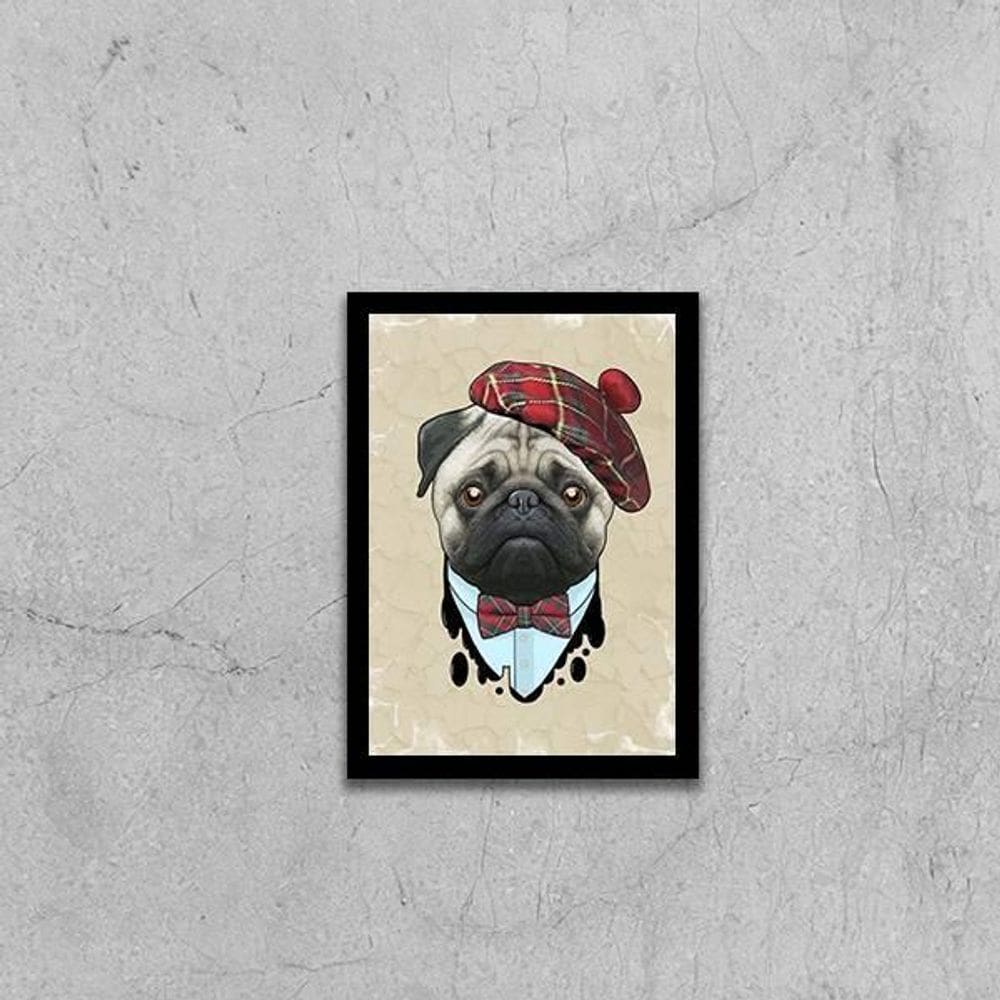 Quadro Pug Boina 45X34Cm - Com Vidro Moldura Preta